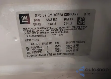 2019 Chevrolet Trax Lt из США, поврежденный, VIN KL7CJLSB0KB850516